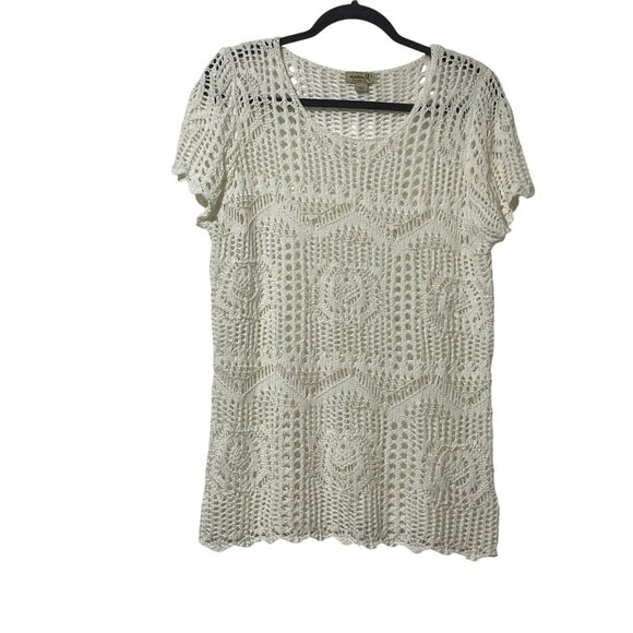 ONE WORLD Tops - One World Womens Size L Off White Short Sleeve Crochet Knit Top